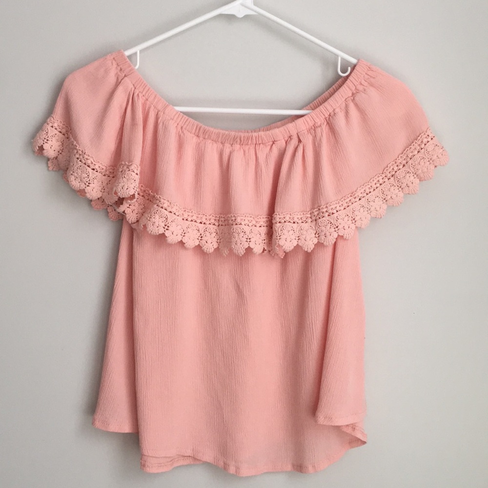Off the shoulder top with crochet fringe detail